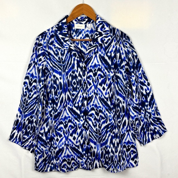 Chico's Long Sleeve Button Down Linen Tunic Shirt Sz 2 = L Breathable Coastal - Picture 1 of 7